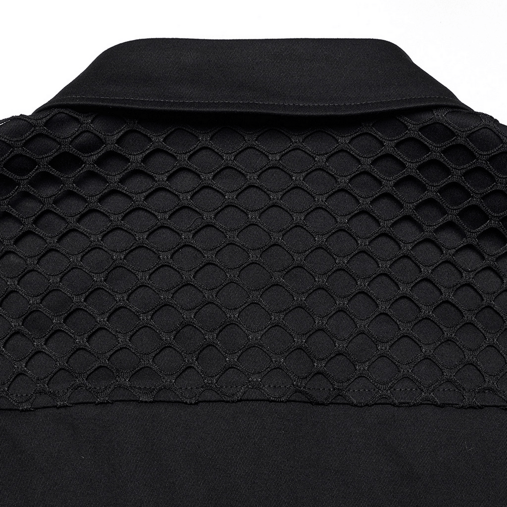 Close-up of the back mesh panel on a Cyberpunk Twill Shirt showcasing its unique spliced design and texture.