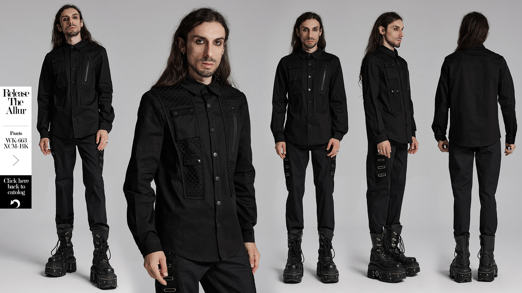 Cyberpunk twill shirt featuring mesh panels, 3D pockets, zipper detail, and metal buckles in a stylish black design.