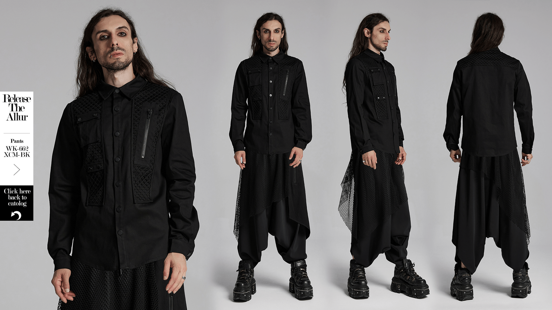 Cyberpunk-inspired twill shirt with mesh panels, 3D pockets, and metal buckles, showcasing a modern edgy style.