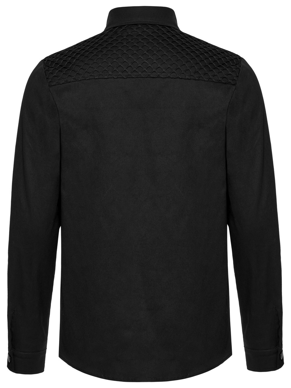 Back view of a black cyberpunk twill shirt with mesh panels and stylish buttoned sleeves.