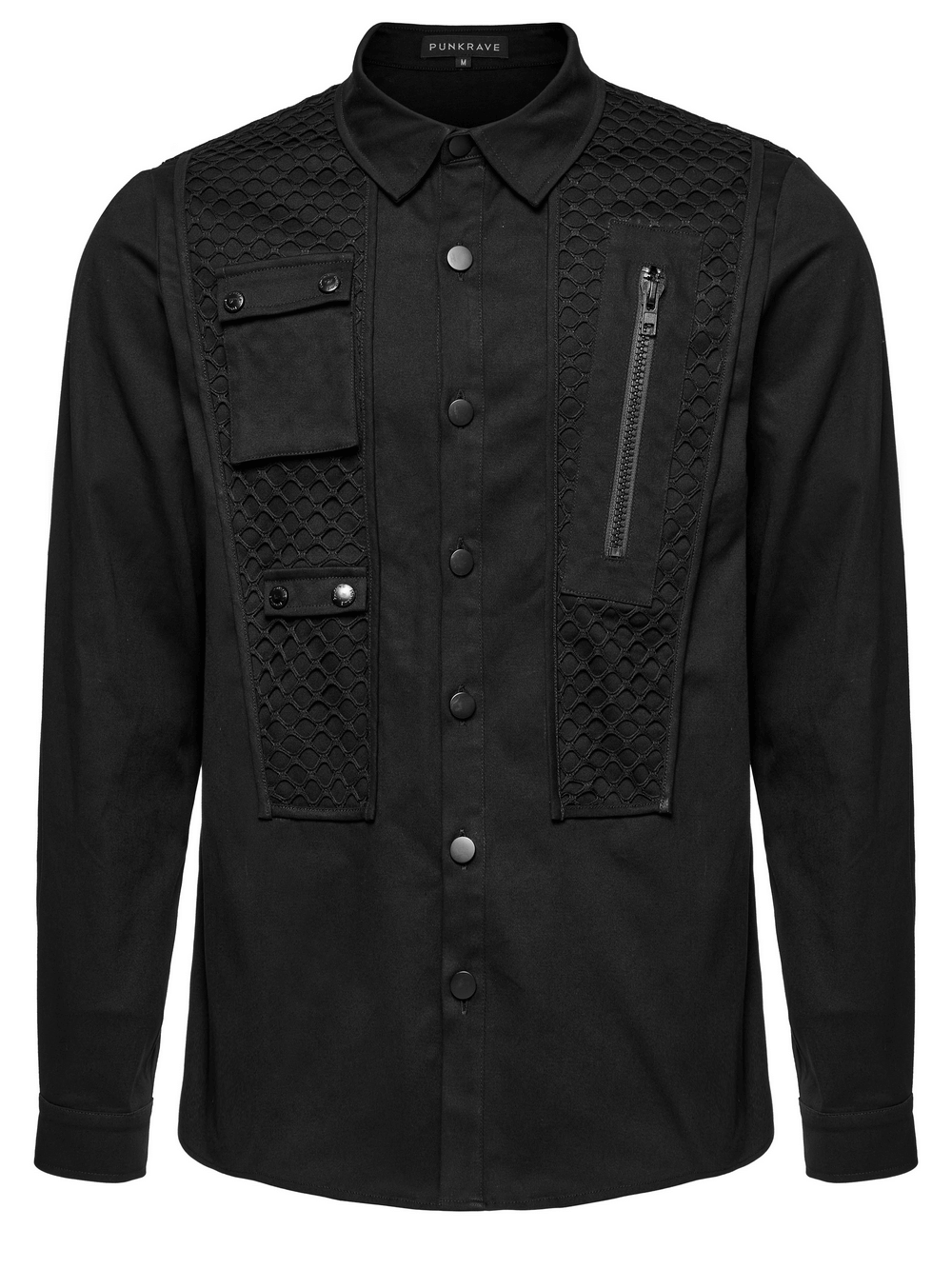 Cyberpunk twill shirt with mesh panels and 3D pockets, featuring zipper and metal buckles in a sleek black design.