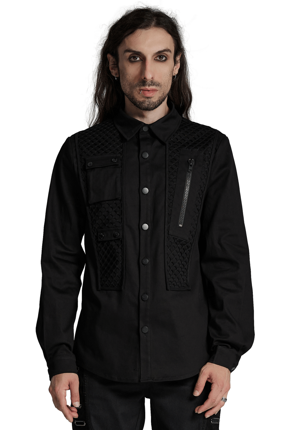 Cyberpunk twill shirt featuring mesh panels, zipper detail, and 3D pockets, perfect for modern style enthusiasts.