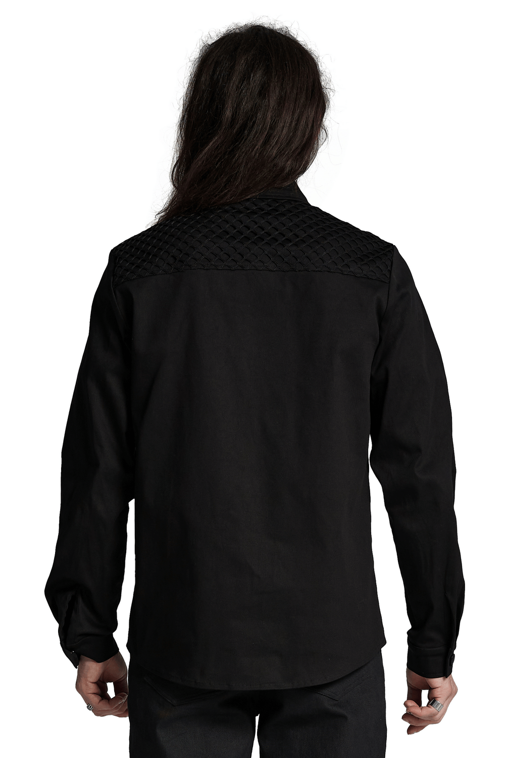 Back view of a Cyberpunk Twill Shirt featuring mesh panels and textured detailing.