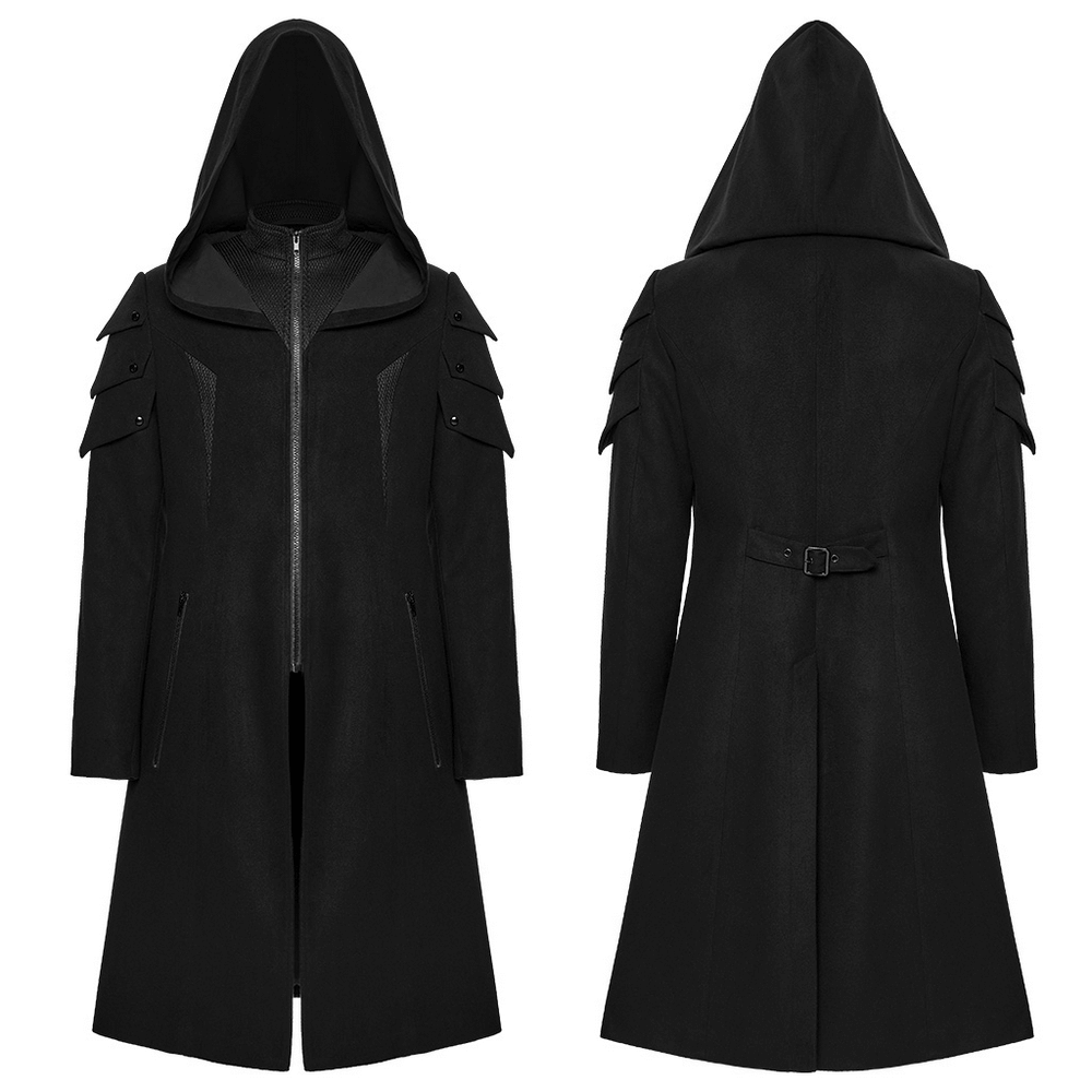Cyberpunk Velvet Hooded Coat with Armor Shoulder Design featuring distinct 3D armor-inspired shoulder patches.