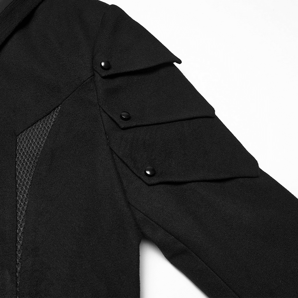 Cyberpunk Velvet Hooded Coat with Armor Shoulder Design featuring mesh panels and 3D armor-inspired shoulder patches.