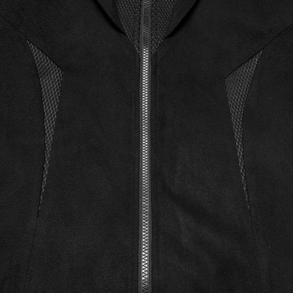 Cyberpunk Velvet Hooded Coat with Armor Shoulder Design featuring mesh panels and a sleek zip-up front in black.