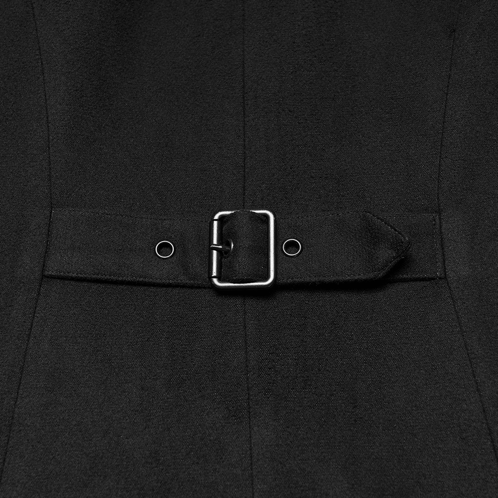 Cyberpunk Velvet Hooded Coat with Armor Shoulder Design waist detail featuring a stylish buckle and sleek black fabric.