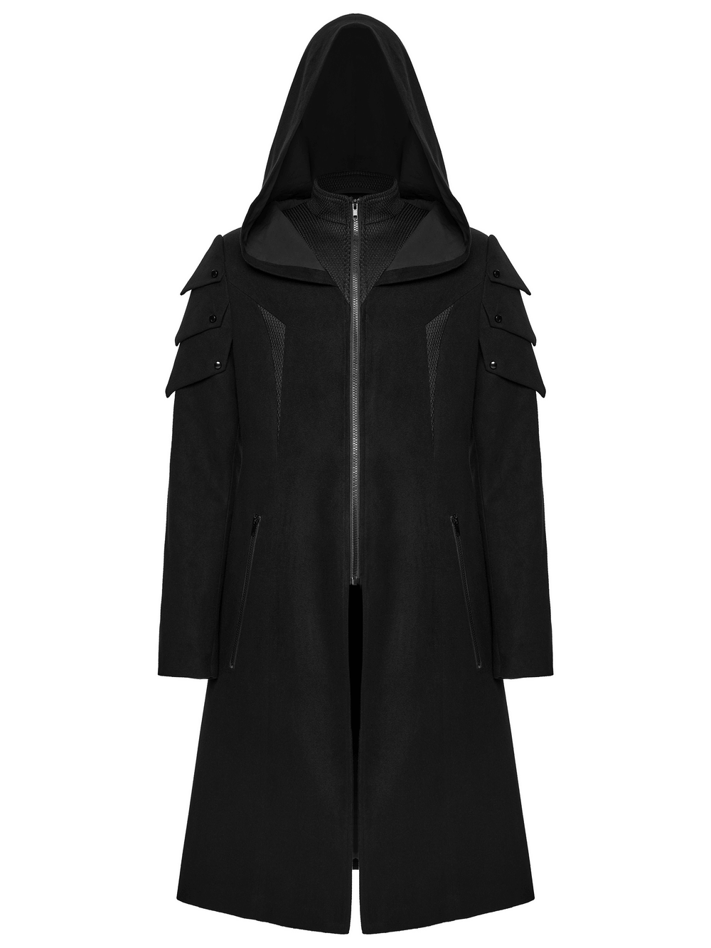 Cyberpunk Velvet Hooded Coat with Armor Shoulder Design showcasing a sleek silhouette and distinctive armor-inspired patches.