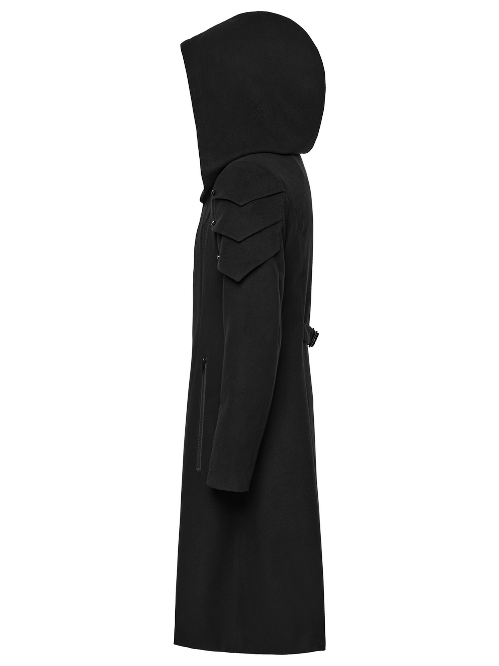 Cyberpunk Velvet Hooded Coat with Armor Shoulder Design showcased from the side, featuring a sleek silhouette and armor patches.