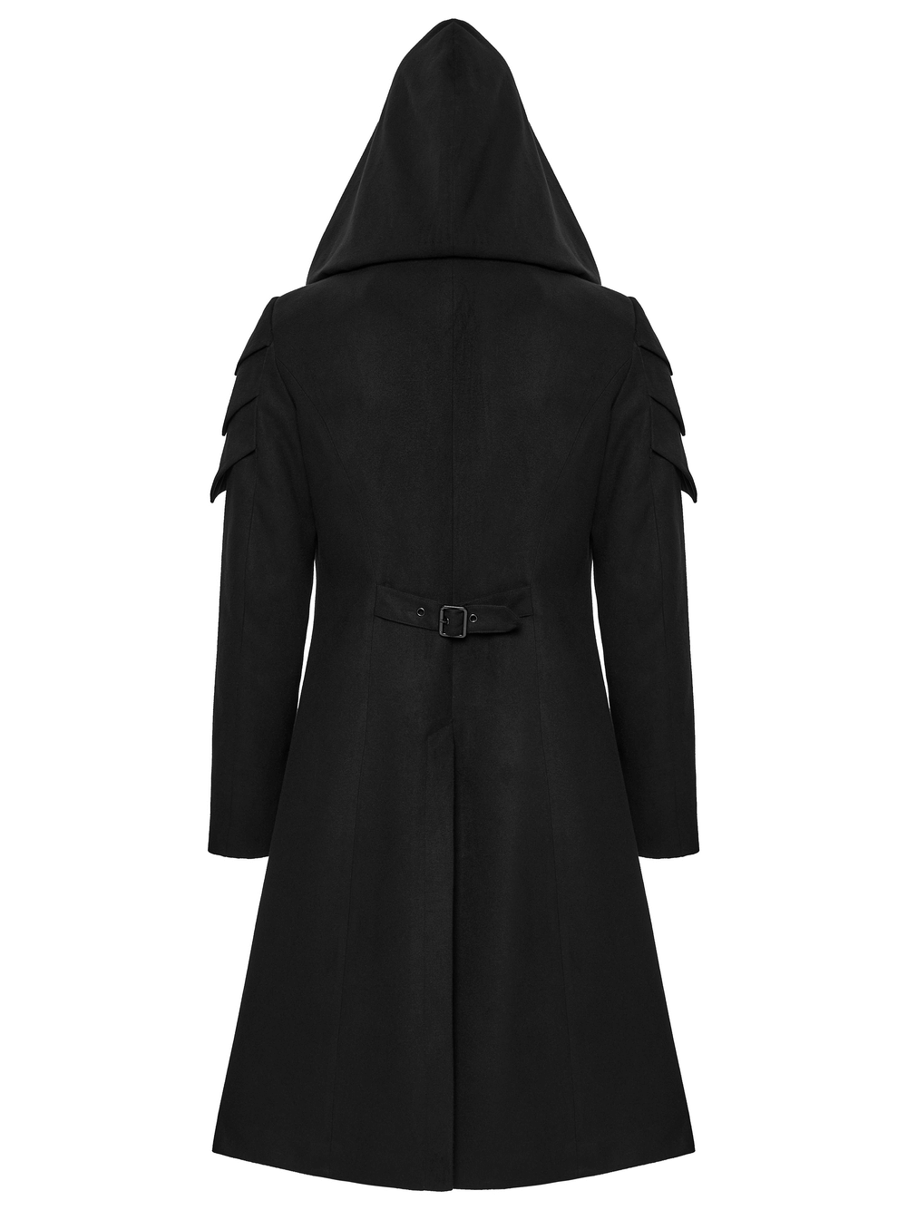 Cyberpunk Velvet Hooded Coat with Armor Shoulder Design showcasing a sleek back view and distinctive padded shoulders.