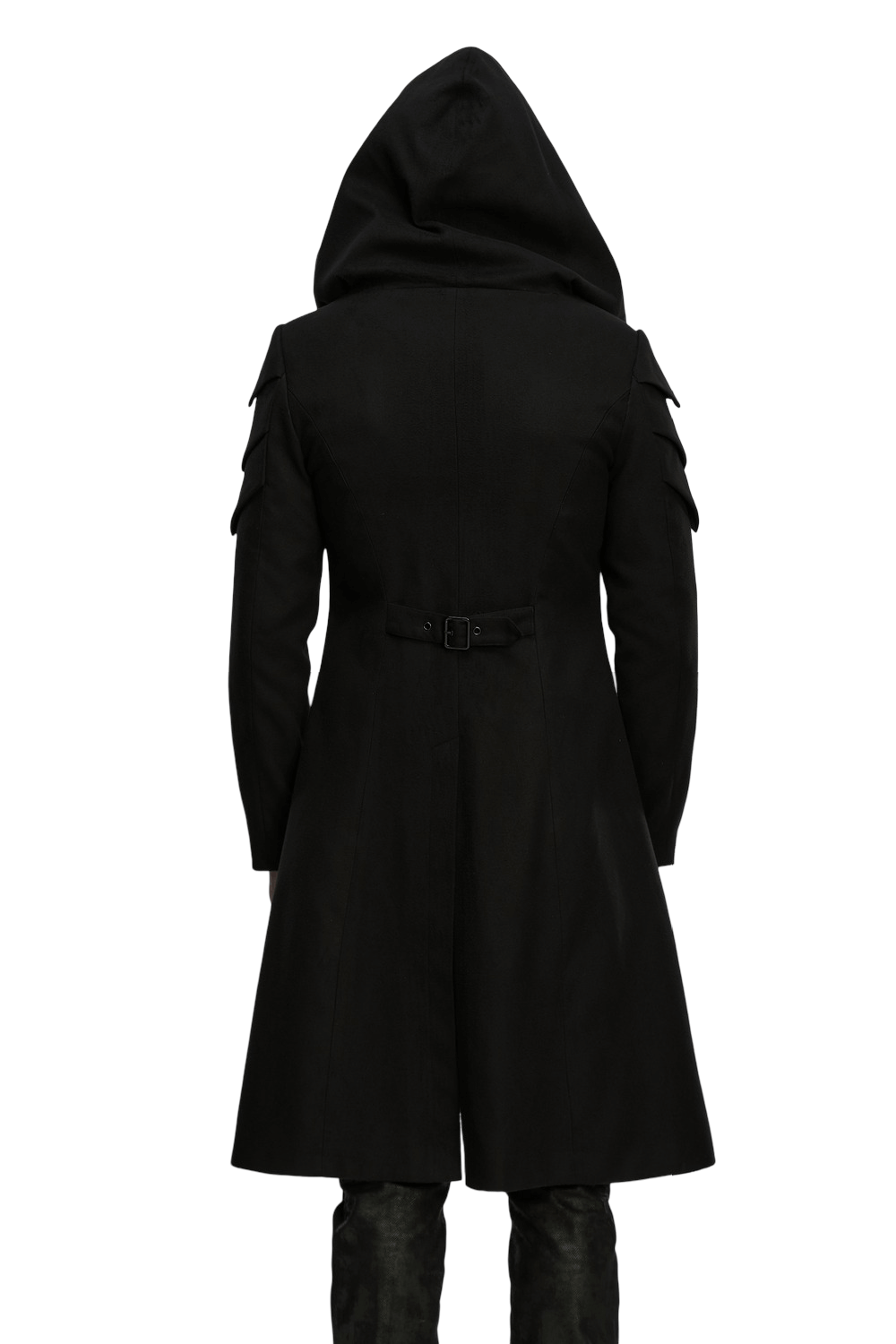 Cyberpunk Velvet Hooded Coat with Armor Shoulder Design back view showcasing hood and distinctive shoulder armor.