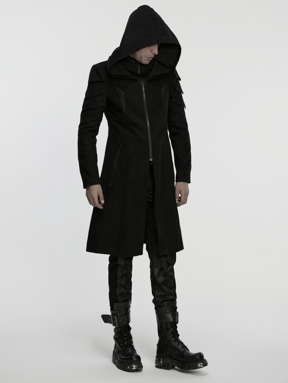 Cyberpunk Velvet Hooded Coat with Armor Shoulder Design worn by model, showcasing sleek silhouette and bold aesthetic.