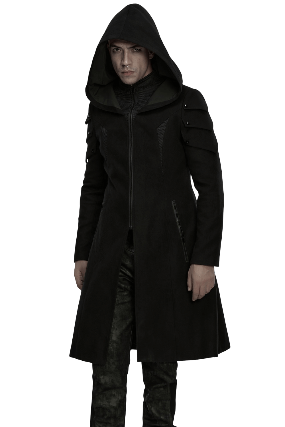 Cyberpunk Velvet Hooded Coat with Armor Shoulder Design worn by model in sleek black fabric.