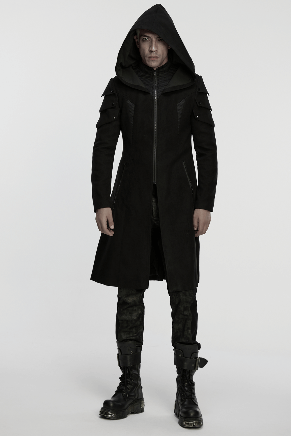 A model wearing a Cyberpunk Velvet Hooded Coat with Armor Shoulder Design, showcasing its distinctive style and features.