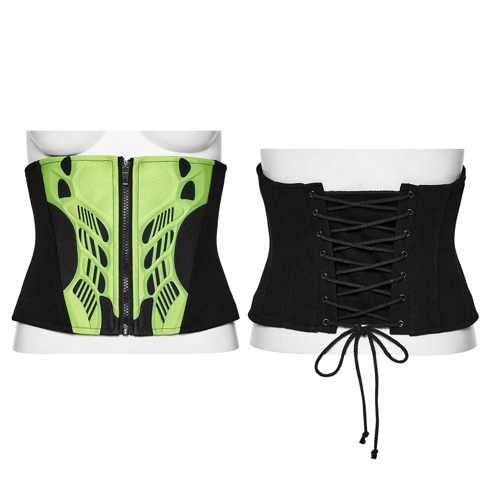 Cyberpunk Waist Corset with Green Armor Design featuring striking green armor splicing and adjustable lace-up back.
