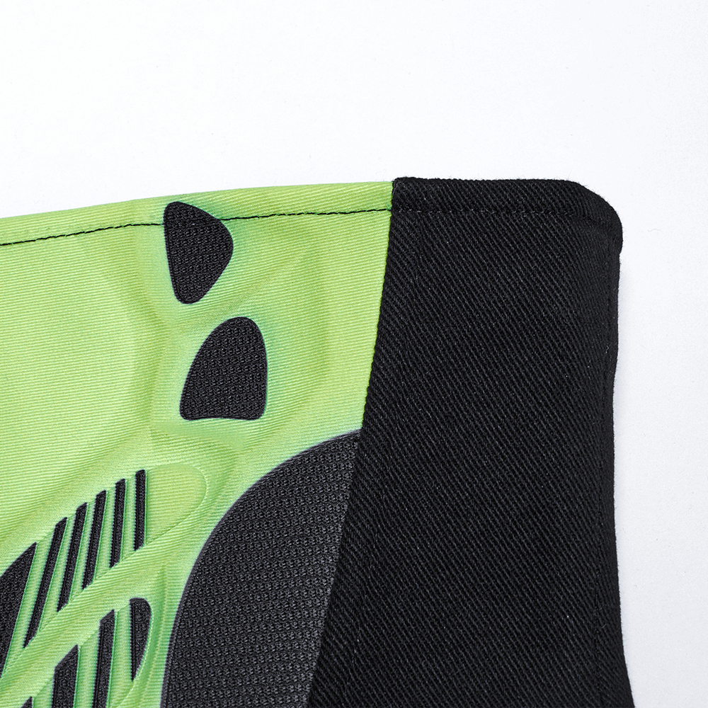 Close-up of Cyberpunk Waist Corset with Green Armor Design showcasing structured detailing and bold color contrast.
