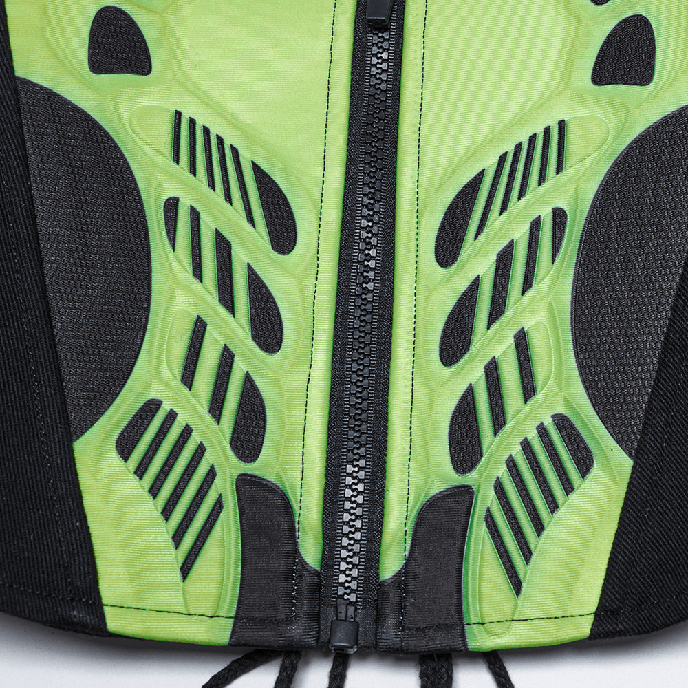 Cyberpunk Waist Corset with Green Armor Design showing detailed front zipper and structured armoring.