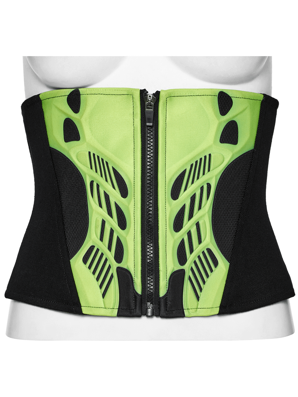 Cyberpunk Waist Corset with Green Armor Design featuring a striking zipper and structured detailing.