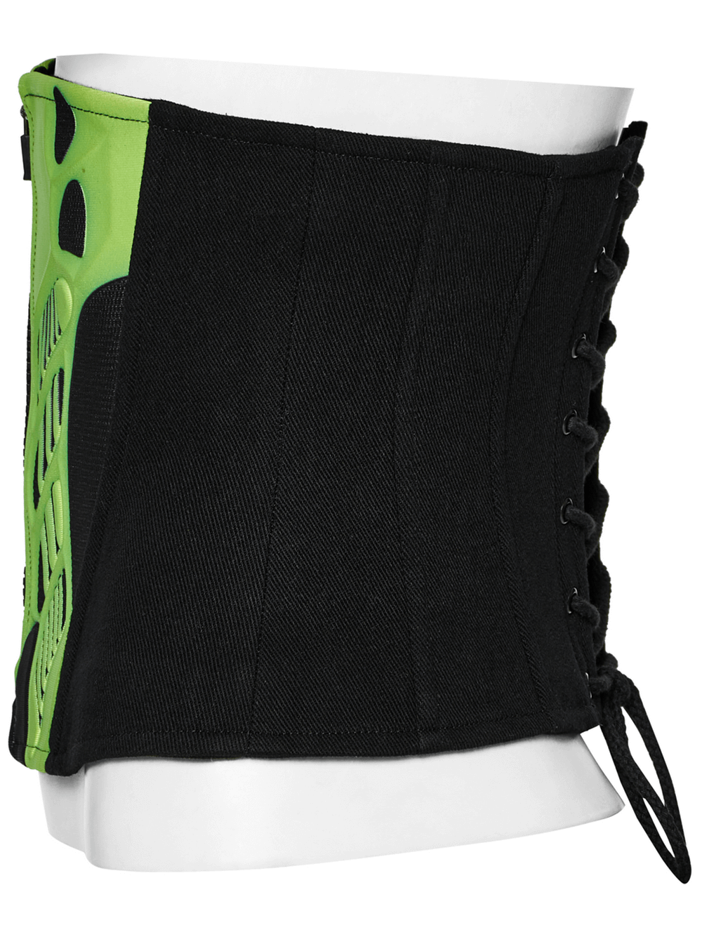Cyberpunk Waist Corset with Green Armor Design - side view showcasing structured detailing and lace-up back.