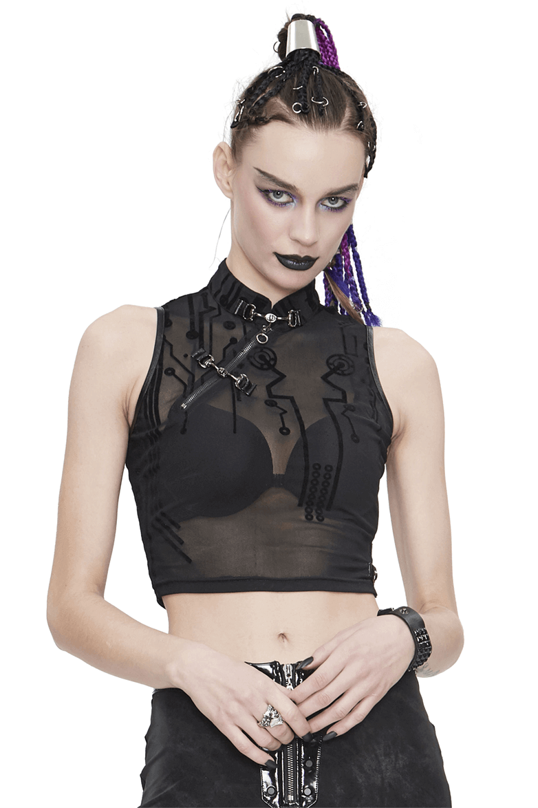 Cyberpunk Women's Sexy Transparent Crop Top / Slim Fit Sleeveless Tops with SCI-FI Flock Print - HARD'N'HEAVY