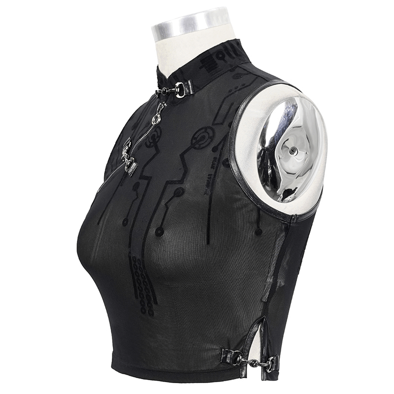 Cyberpunk black transparent crop top with sci-fi print, featuring a form-fitting cut and futuristic design for stylish women.
