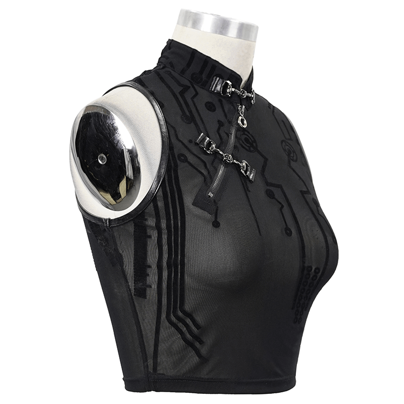 Cyberpunk women's black transparent crop top with sci-fi flock print, perfect for a futuristic fashion statement.
