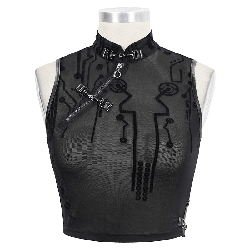 Black transparent crop top with sci-fi flock print, featuring a futuristic design and form-fitting cut for cyberpunk style.