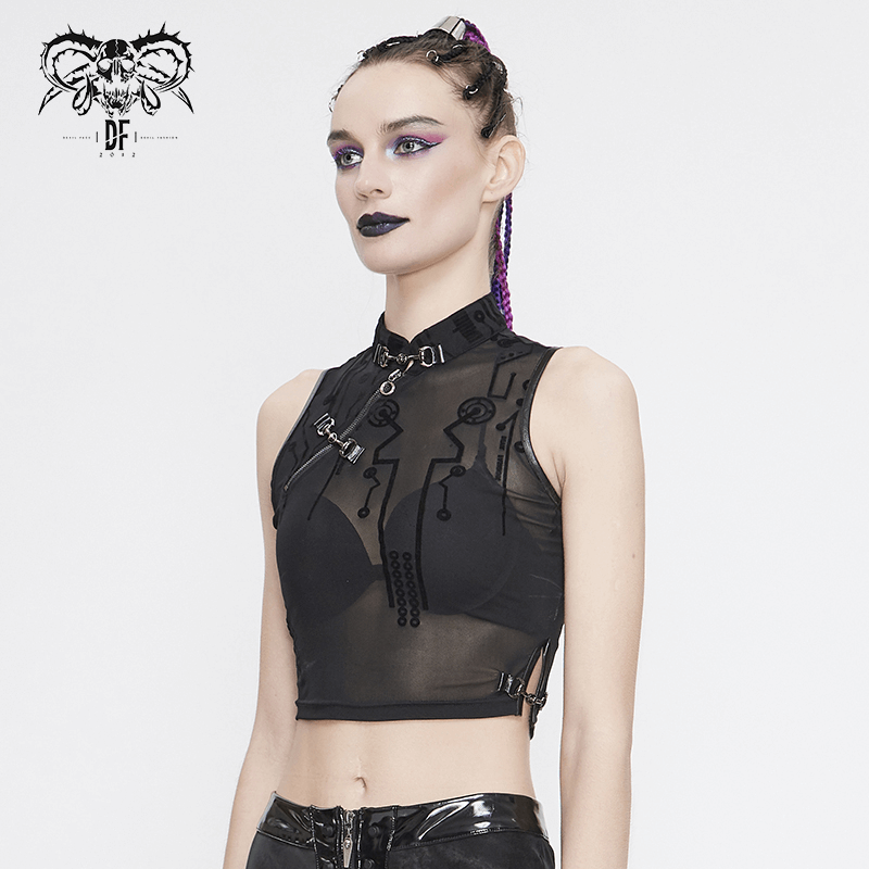 Cyberpunk women's sexy transparent crop top with futuristic flock print design