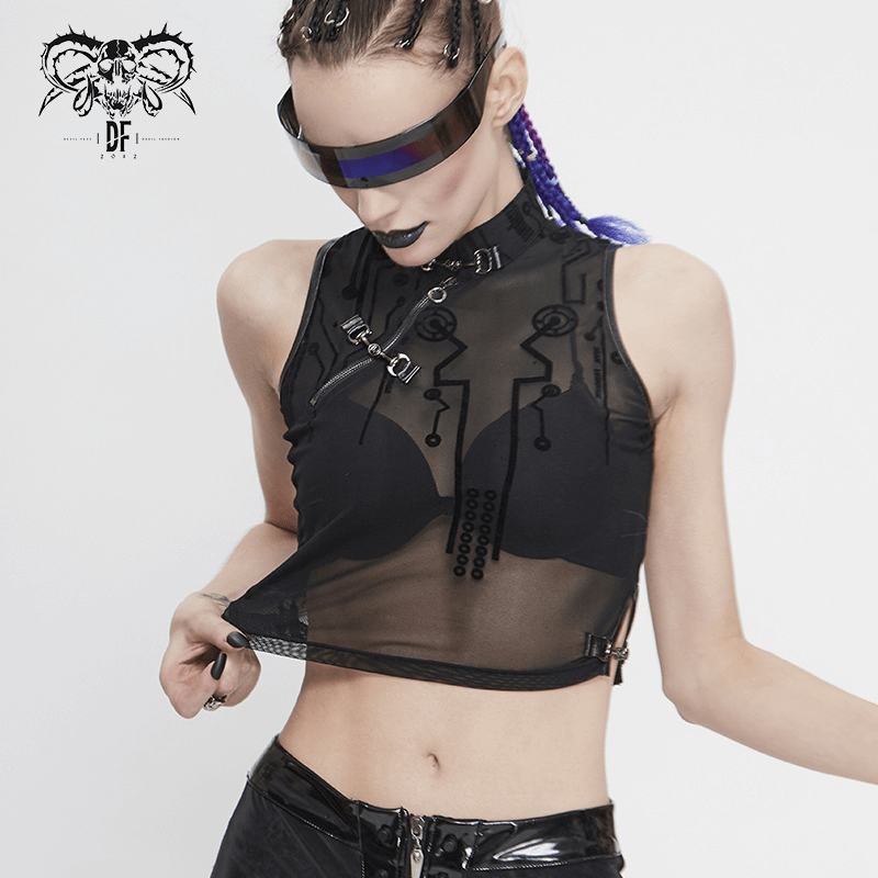 Stylish women's black transparent cyberpunk crop top with sci-fi print, perfect for edgy fashion lovers.