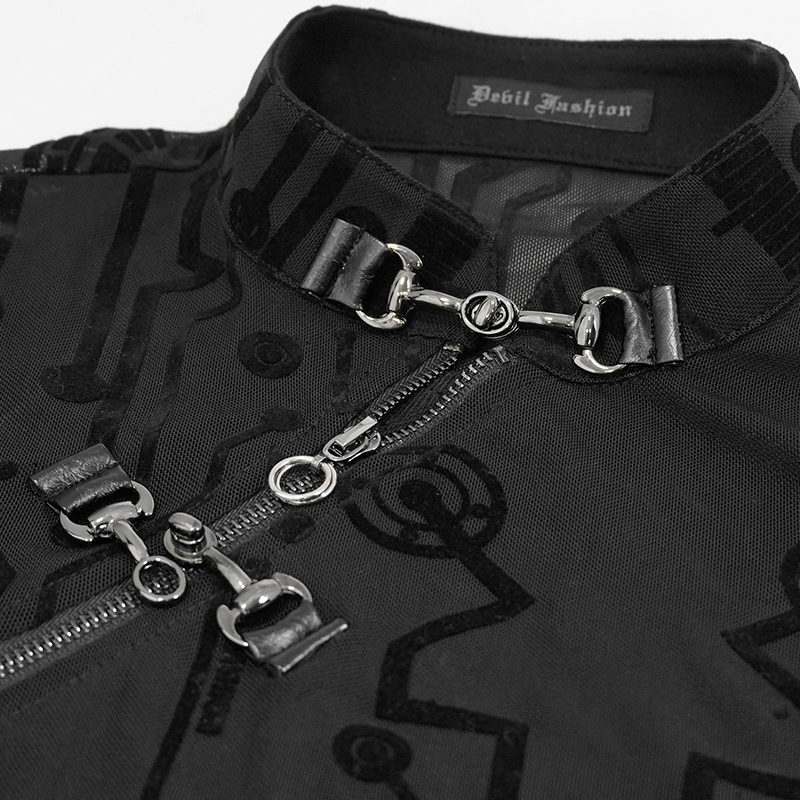 Close-up of a stylish black cyberpunk top with unique zipper and futuristic print, perfect for edgy fashion lovers.