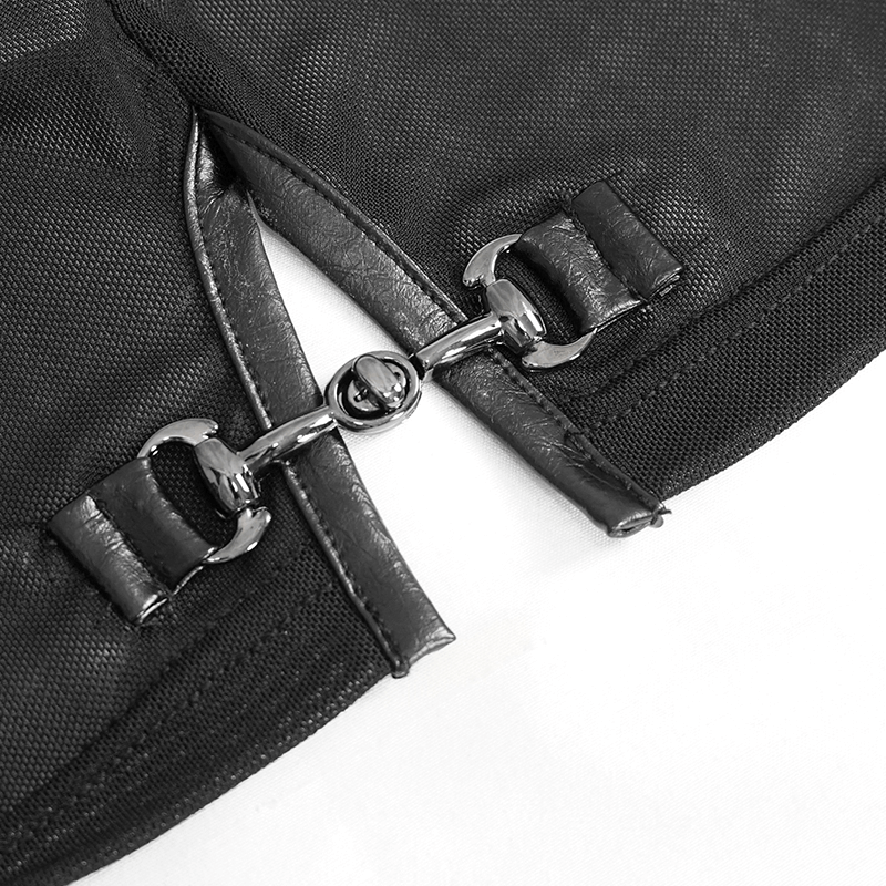Close-up of stylish black cyberpunk crop top detailing with sleek clasps and transparent fabric.