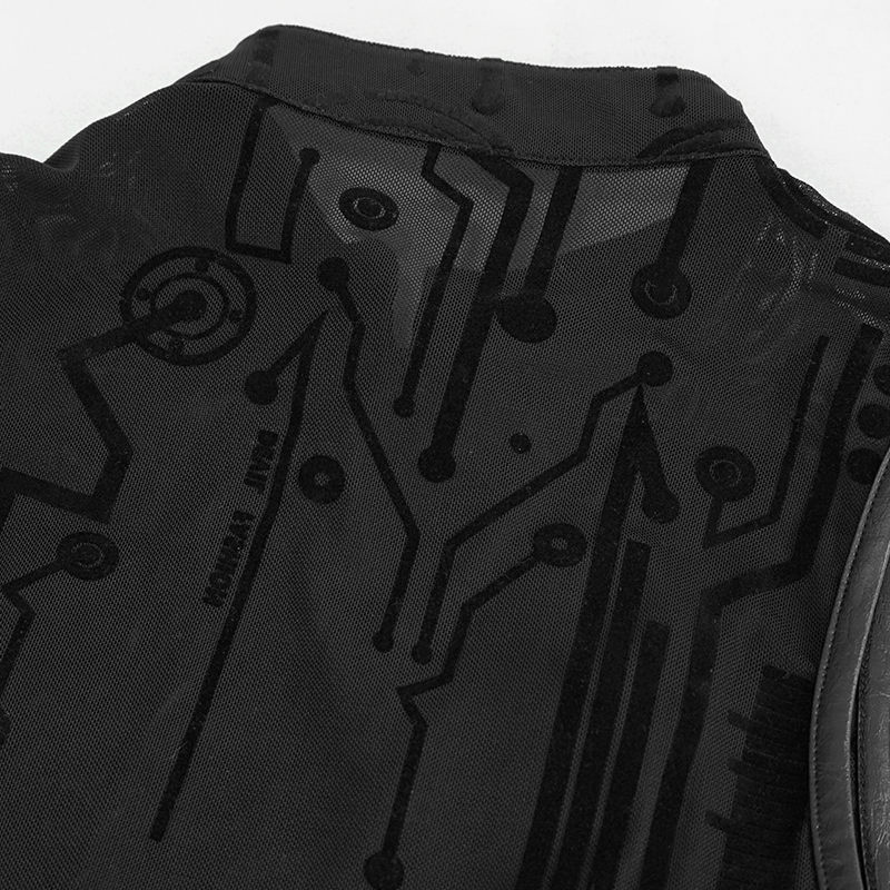 Close-up of transparent black crop top featuring sci-fi flock print and circuit-like designs, perfect for cyberpunk style.