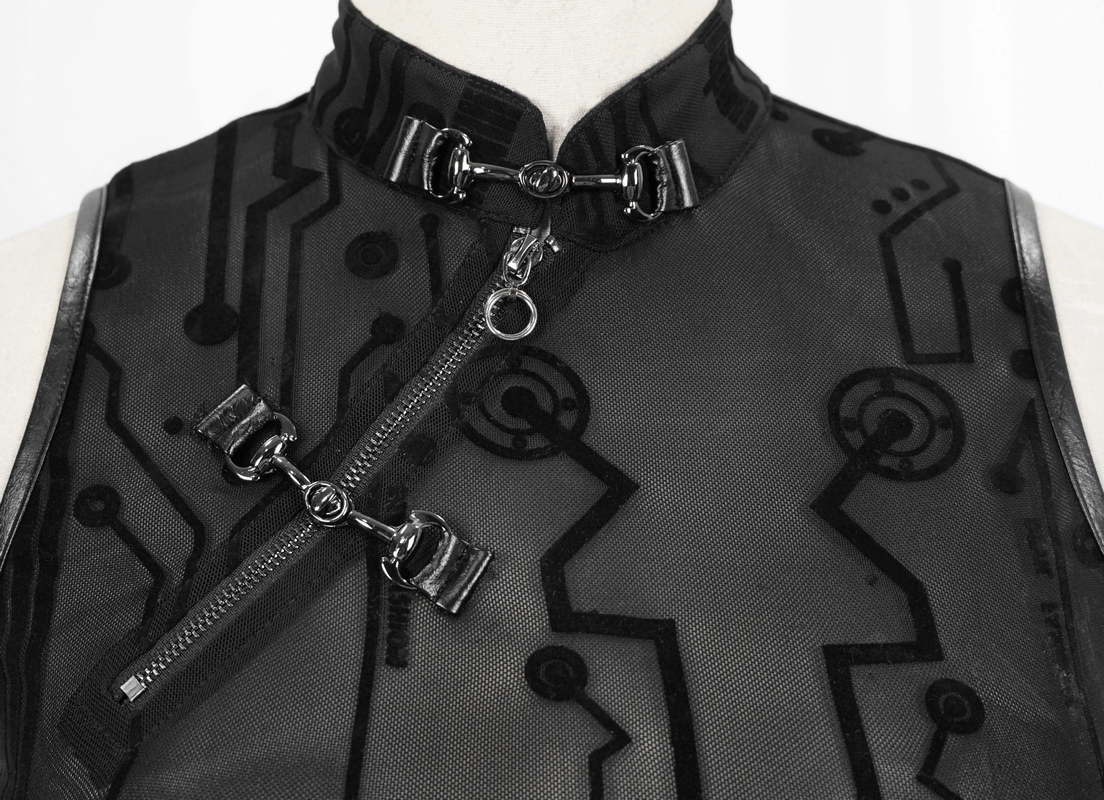 Close-up of a black transparent crop top featuring futuristic circuit design and stylish zippers for cyberpunk fashion.