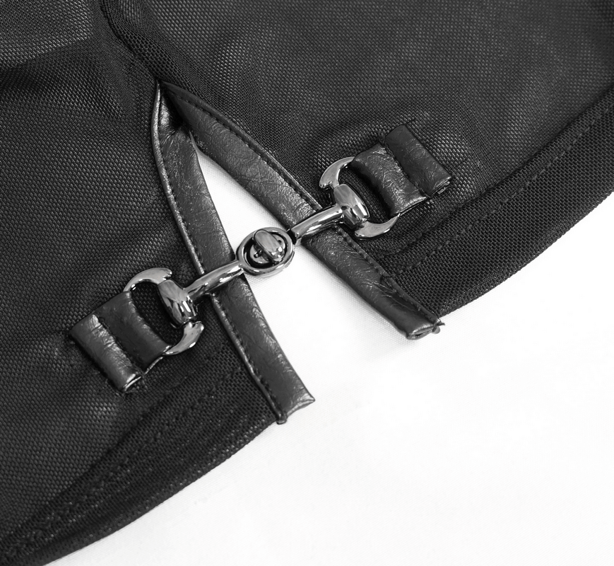 Close-up of the stylish clasp detail on a black transparent cyberpunk crop top for women.