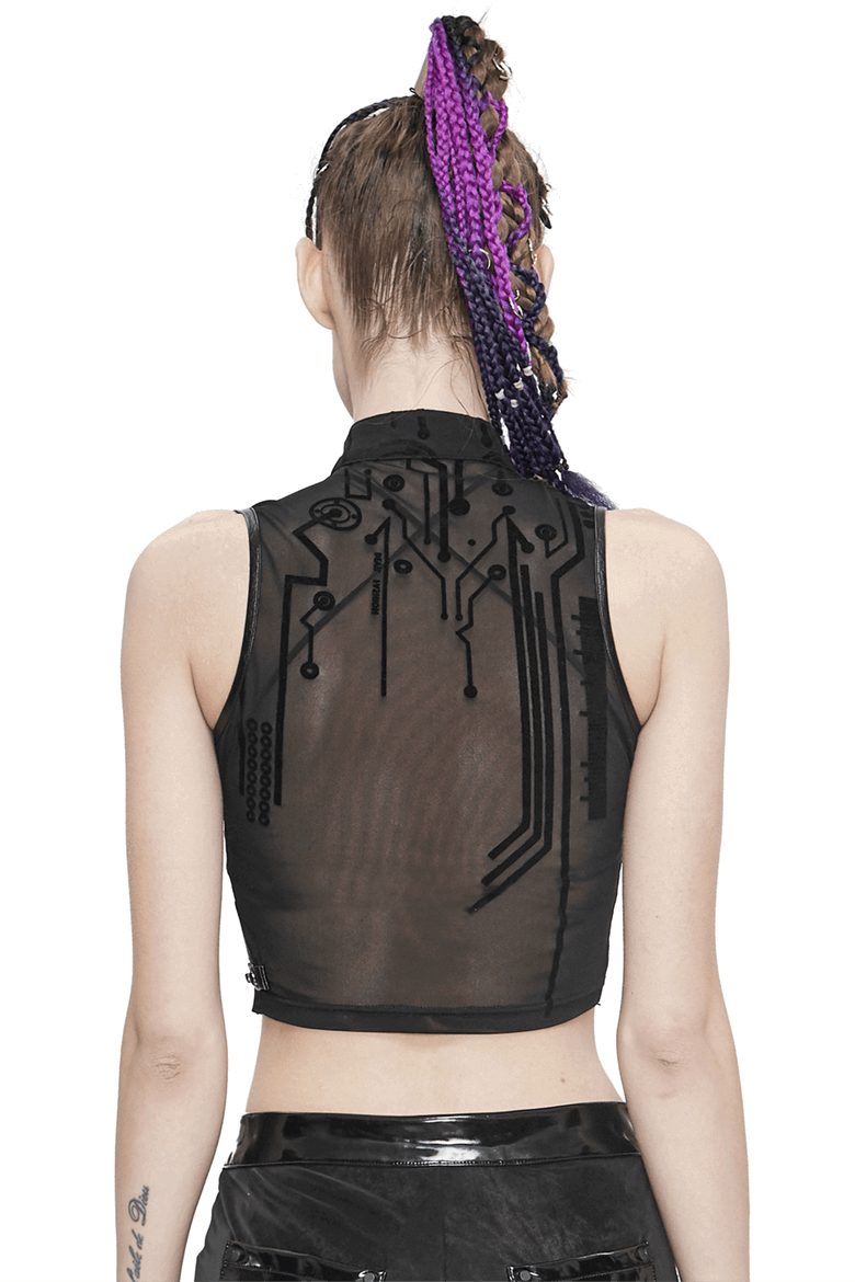 Cyberpunk Women's Sexy Transparent Crop Top / Slim Fit Sleeveless Tops with SCI-FI Flock Print - HARD'N'HEAVY