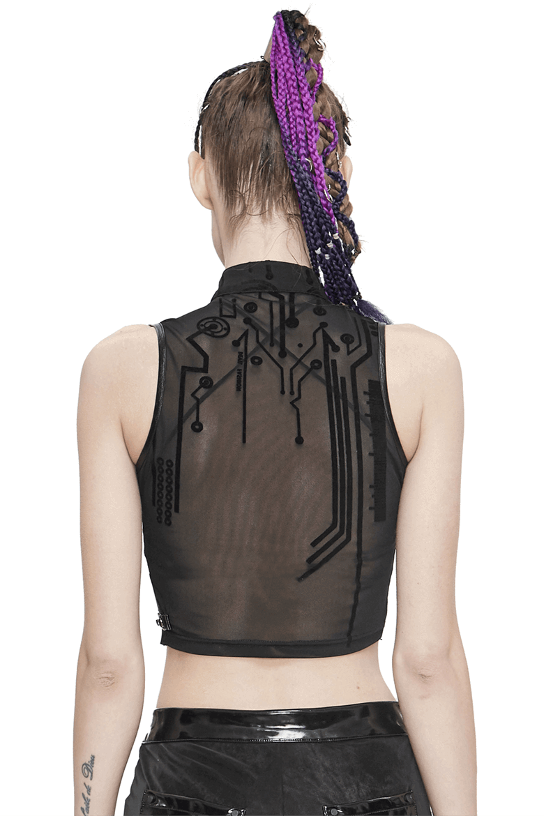 Back view of a cyberpunk women's black transparent crop top featuring sci-fi flock print design.