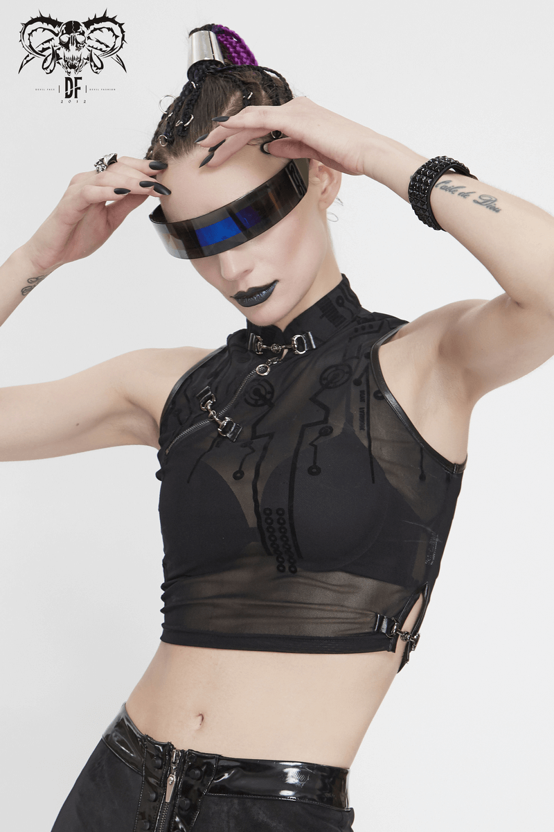 Cyberpunk women's transparent crop top with futuristic design and sci-fi print, paired with stylish accessories.
