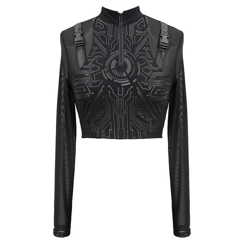 Cyberpunk Women's Sheer Black Crop Top / High Neck Collar Lace Tops With Buckle Straps on Shoulders - HARD'N'HEAVY