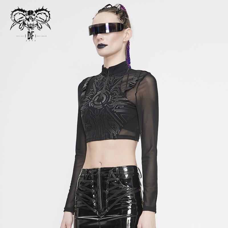 Cyberpunk Women's Sheer Black Crop Top / High Neck Collar Lace Tops With Buckle Straps on Shoulders - HARD'N'HEAVY