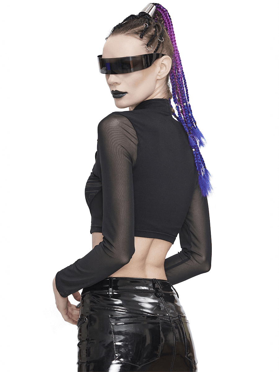 Cyberpunk Women's Sheer Black Crop Top / High Neck Collar Lace Tops With Buckle Straps on Shoulders - HARD'N'HEAVY