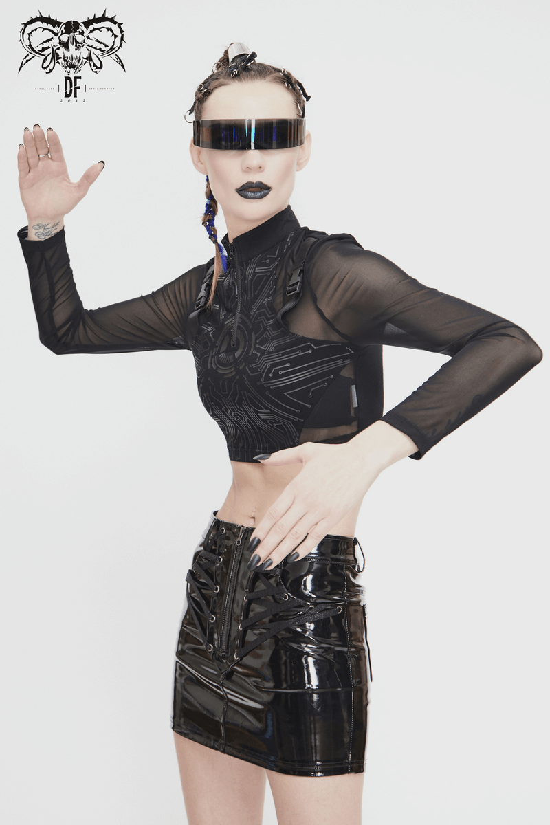 Cyberpunk Women's Sheer Black Crop Top / High Neck Collar Lace Tops With Buckle Straps on Shoulders - HARD'N'HEAVY