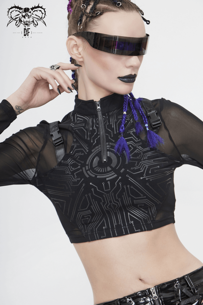 Cyberpunk Women's Sheer Black Crop Top / High Neck Collar Lace Tops With Buckle Straps on Shoulders - HARD'N'HEAVY