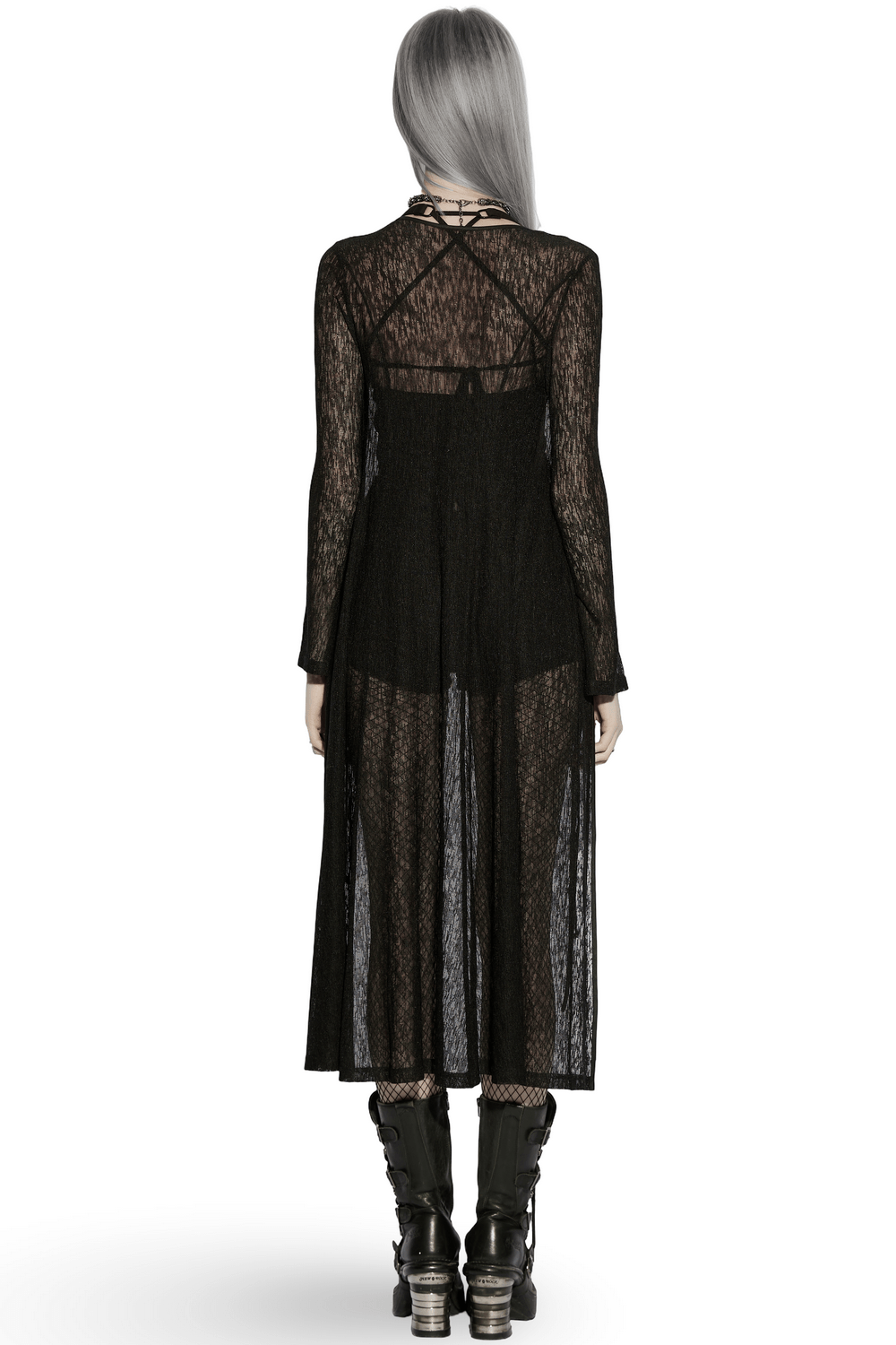 Daily Sun Protection Cape with Sheer Gothic Drape, black sheer knit long cape with side drawstrings, back view.