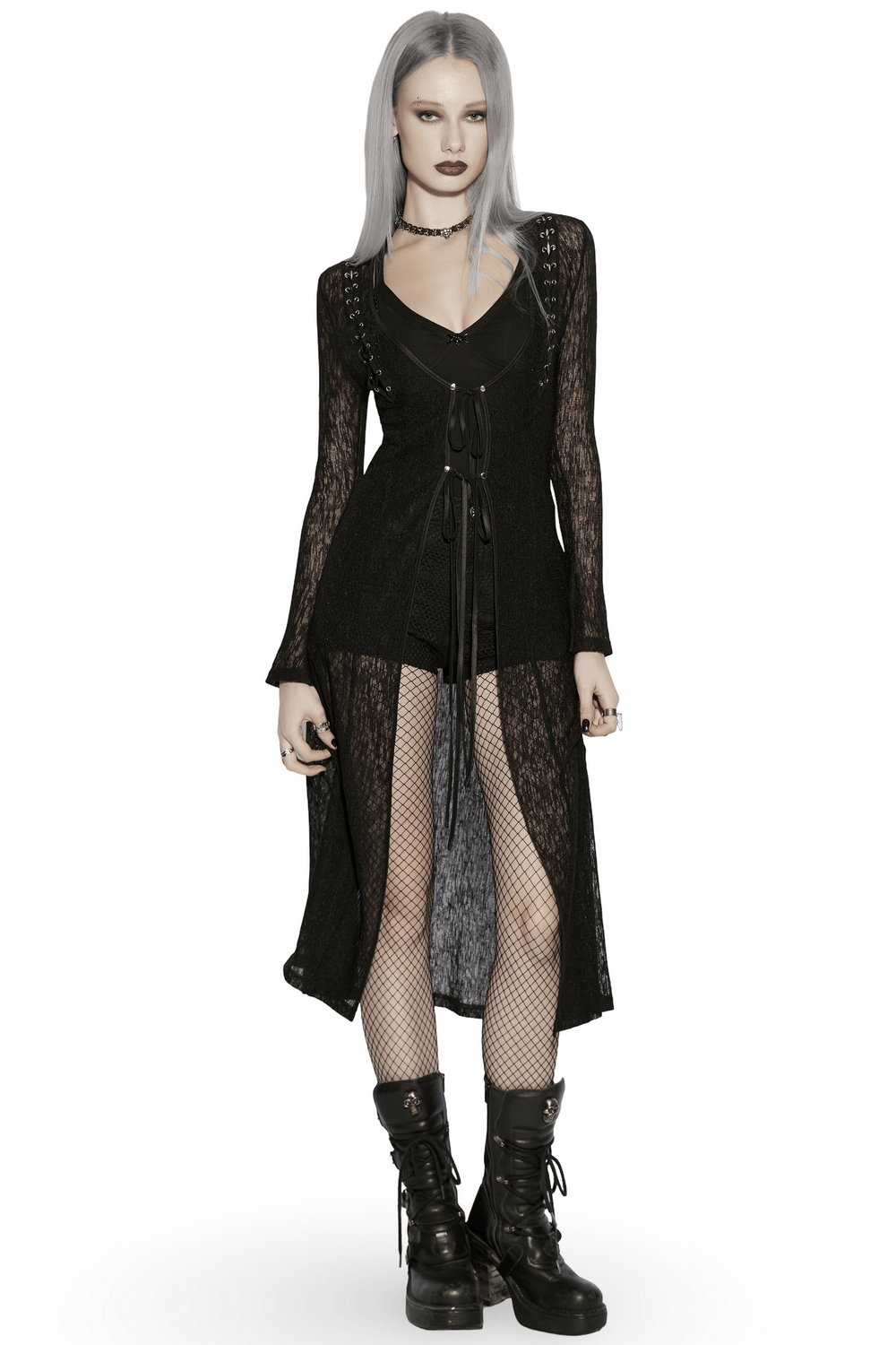 Daily Sun Protection Cape with Sheer Gothic Drape shown on model, featuring black sheer knit fabric and side drawstrings.