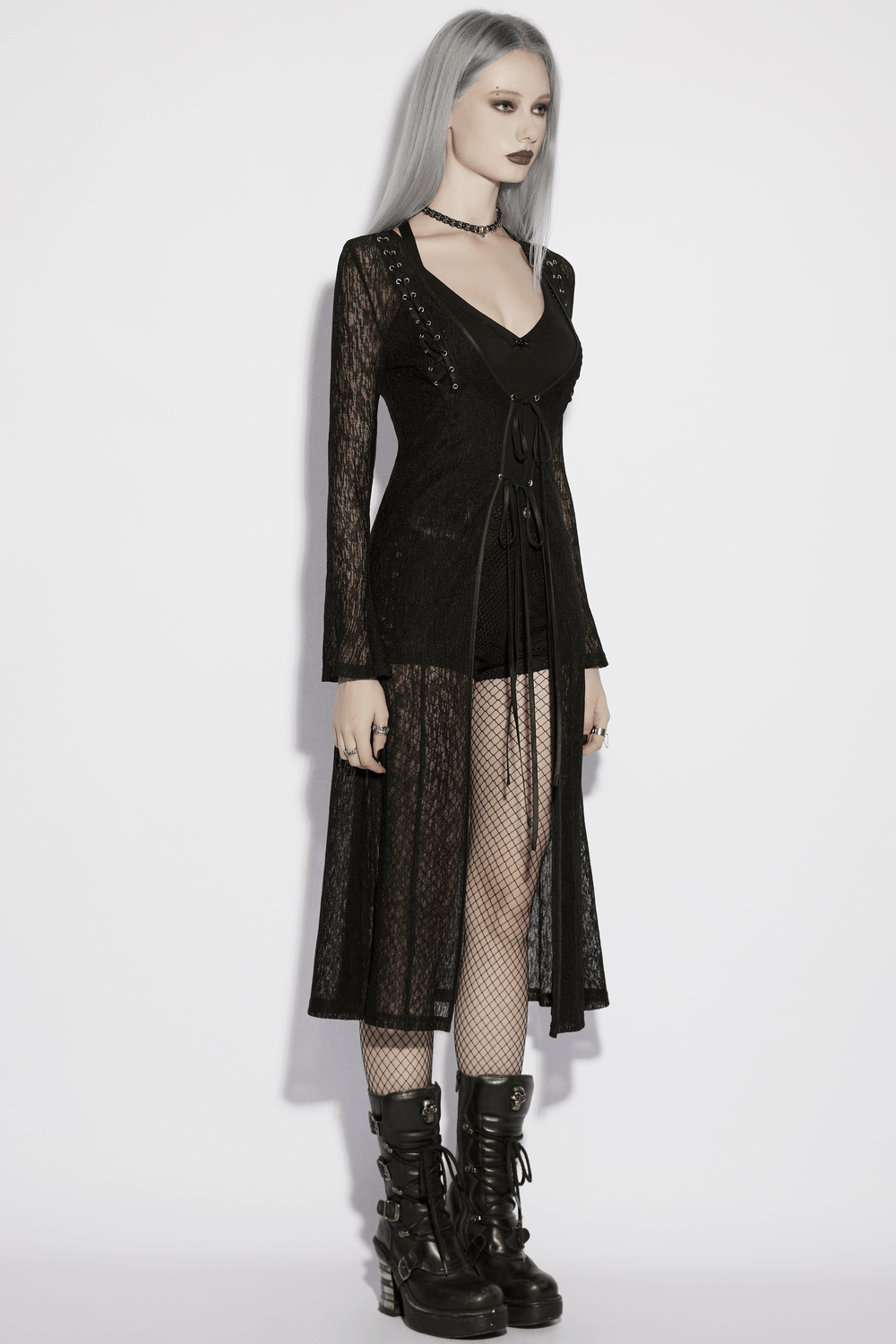 Daily Sun Protection Cape with Sheer Gothic Drape showcasing a black sheer long cape on a mannequin.