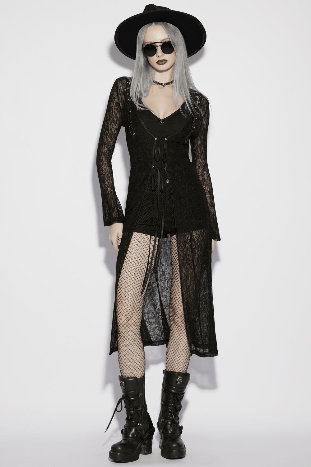 Daily Sun Protection Cape with Sheer Gothic Drape worn with sunglasses and a black hat.