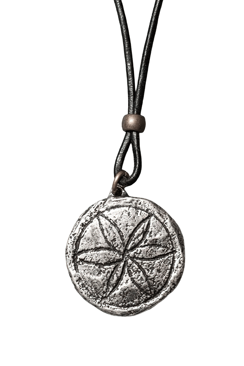 Daisy Wheel Pewter Amulet Gothic Protection Necklace on black cord, showing hexafoil design in gray pewter.
