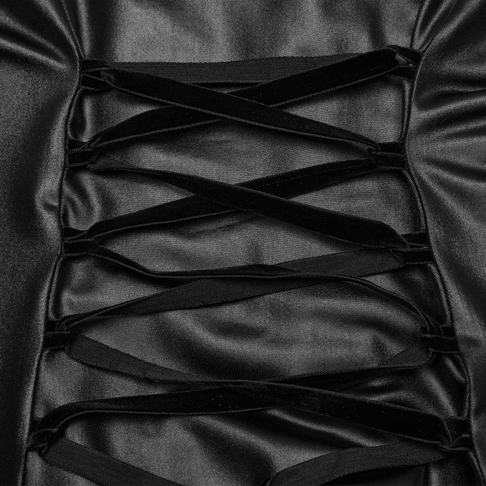 Close-up of the lace-up back detail on a black gothic maxi dress, showcasing its edgy design and elegant allure.