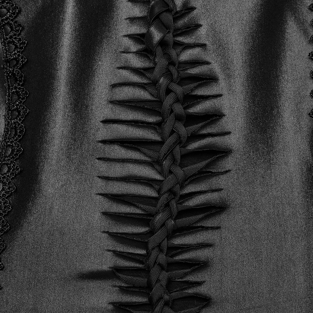 Close-up of the lace-up back detail on a black gothic maxi dress, featuring an intricate hollow-out design.