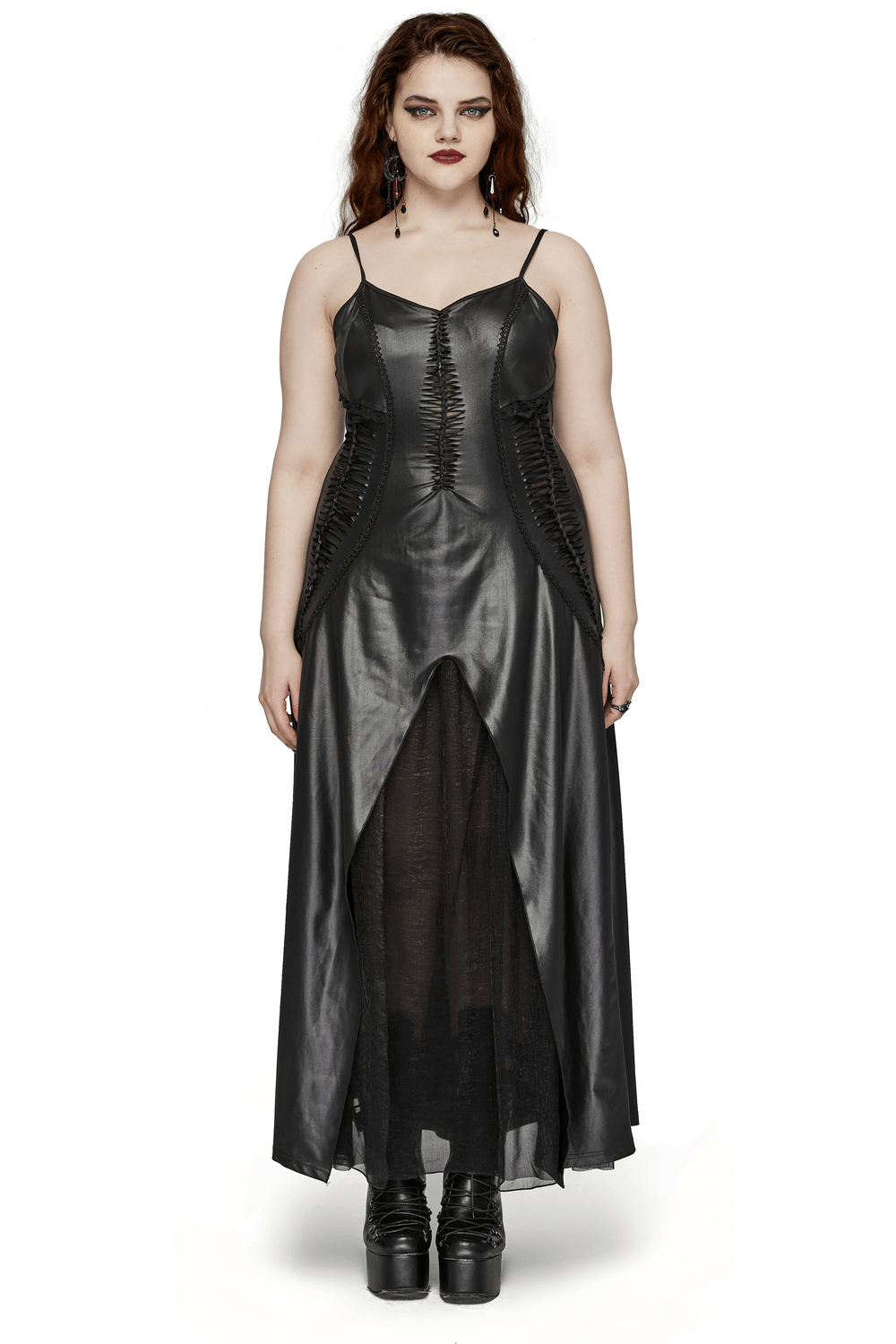 Daring Gothic maxi dress with lace-up back, featuring hollow-out design, perfect for a dramatic night out.